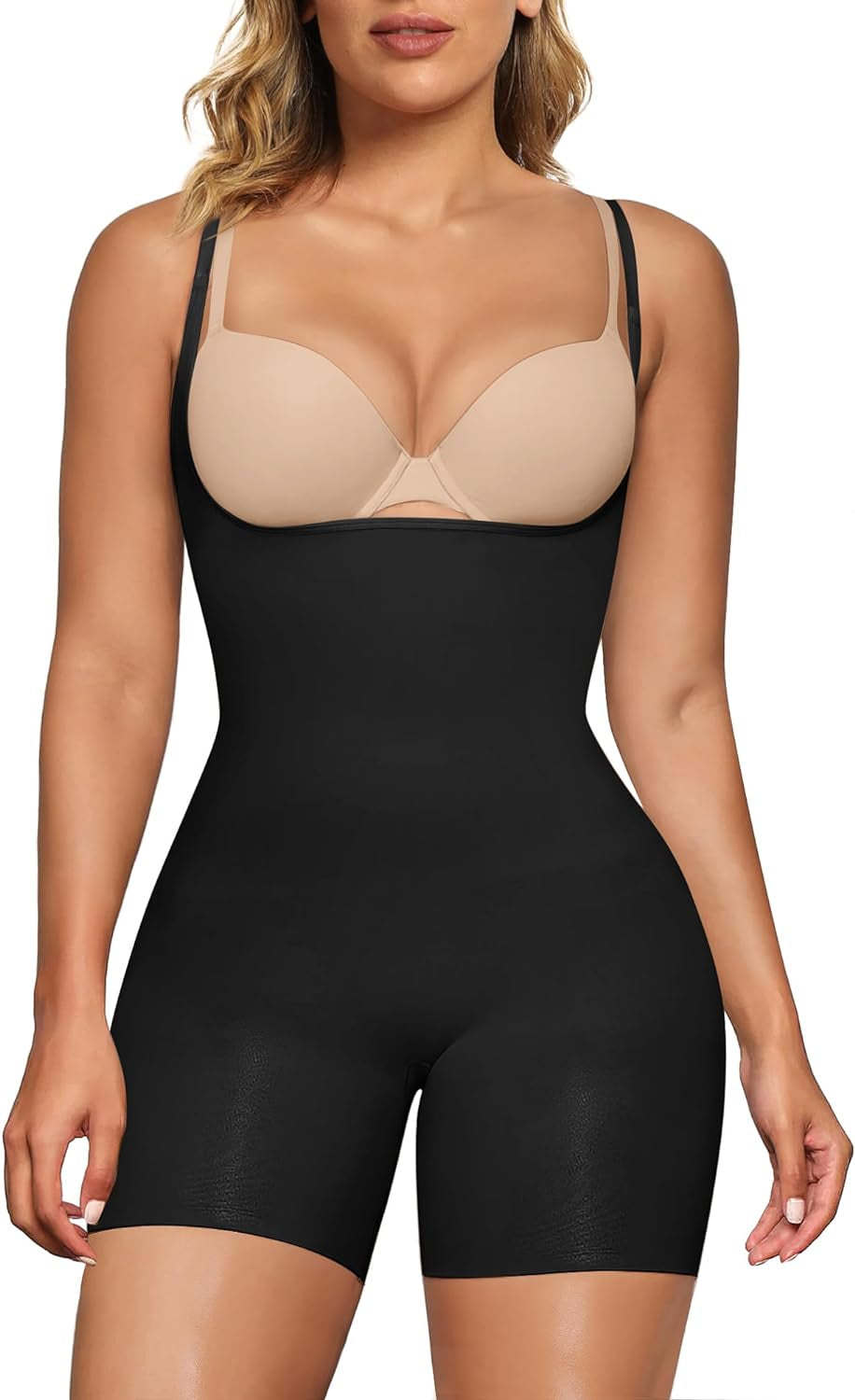 Women'S Open Bust Tummy Control Shapewear Bodysuit Seamless Mid-Thigh Body Shaper for a Snatched Waist