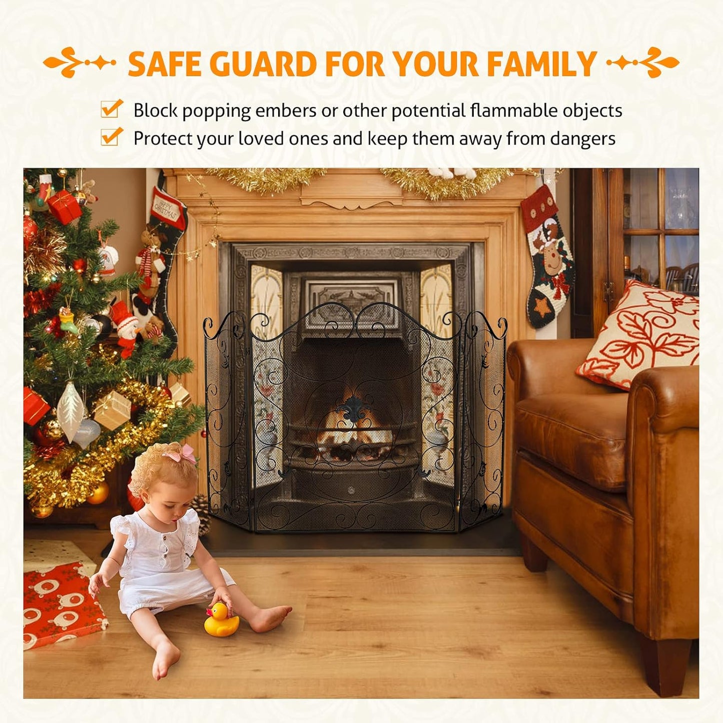 Fireplace Screen 3 Panel Fireplace Screens for Fireplace 50 X 31 Inch Wrought Iron Black Metal Spark Guard Cover Fireguards Mesh Cover Baby Safe Proof Fence Fire Place Standing Gate (Style 1)