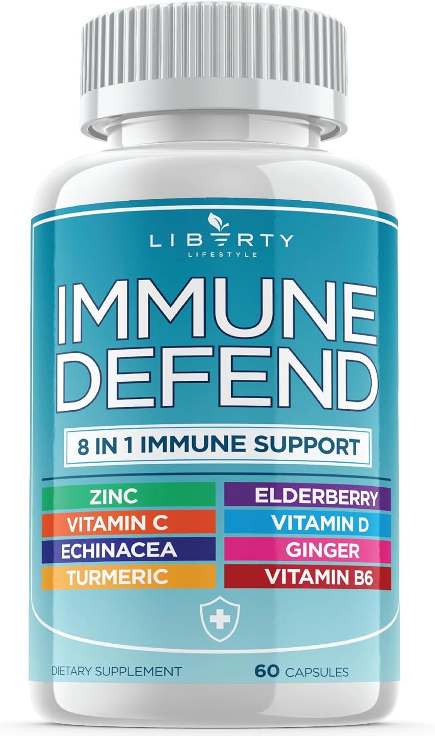 8 in 1 Immune Defense Support, Immunity Capsules Supplement with Echinacea Zinc 50Mg, Vitamin C, D3 5000 IU, Turmeric Curcumin & Ginger, Echinacea - for Kids Adults (1 Pack) TLBH