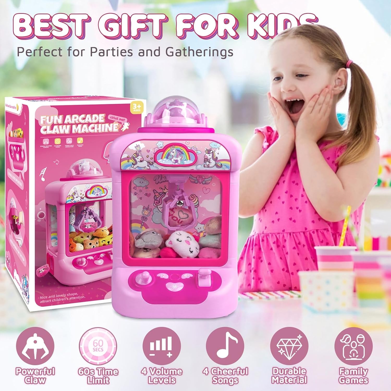 Claw Machine for Kids, Mini Vending Machine Girls Unicorn Toys, Candy Grabber Prize Dispenser with Sound & 20 Mini Plush Toys, Electronic Arcade Game Indoor Toy for Home Party Birthday Gifts ZOUSA