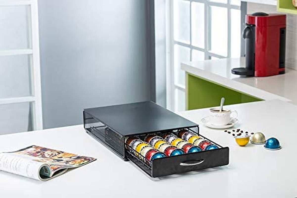 Vertuo Pod Holder Storage Drawer for Nespresso Vertuo Capsule Organizer Drawer Tray with Mesh Shelves for Nespresso Vertuo Holder Black Metal (40 Pods Capacity)