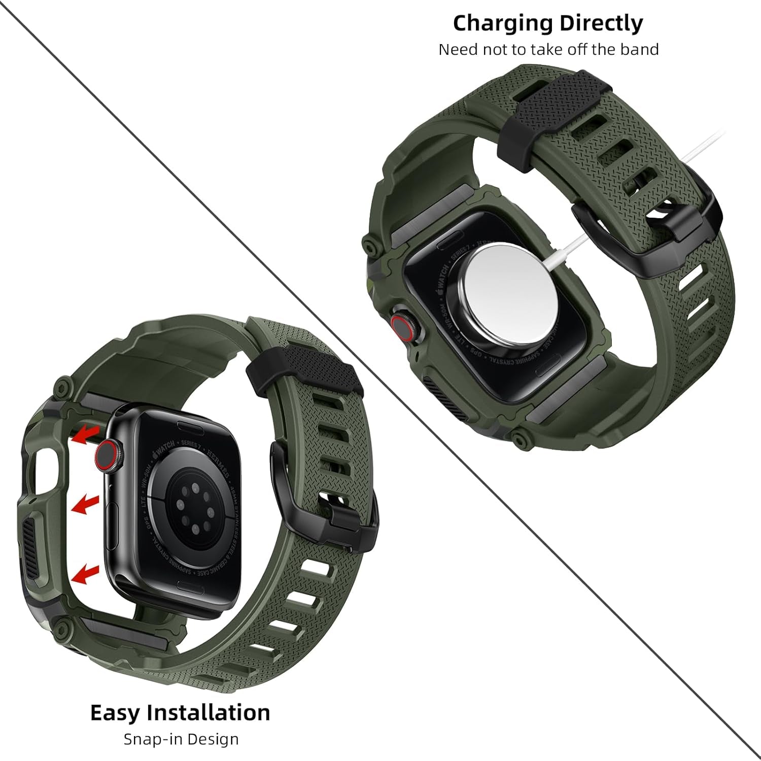 Compatible for Apple Watch Band 45Mm 44Mm 42Mm with Case,Men Rugged Sport Military TPU with Metal Pieces Strap with Bumper Cover for Iwatch Series 9/8/7/6/SE/5/4/3/2/1