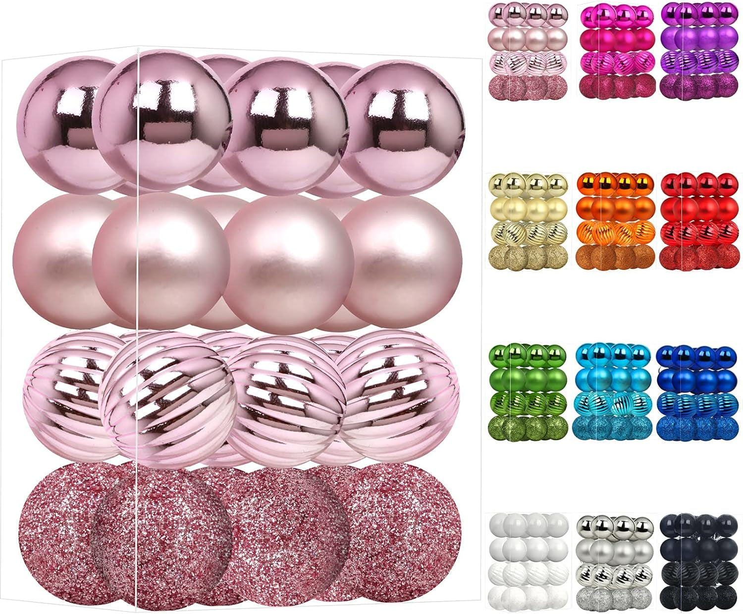 24Pcs Christmas Balls Ornaments for Xmas Christmas Tree - 4 Style Shatterproof Christmas Tree Decorations Hanging Ball for Holiday Wedding Party Decoration (Pink, 1.3"/3.2CM)