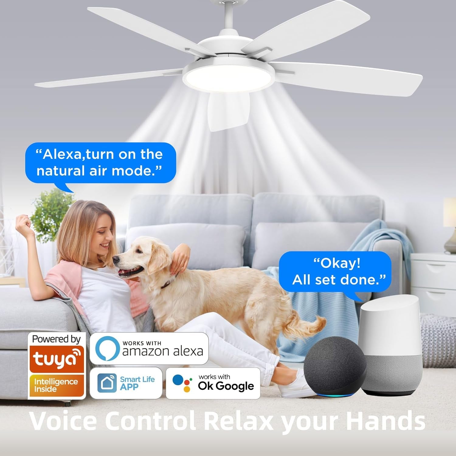 Ceiling Fans with Lights,Ultra Silent 52 Inch Smart Ceiling Fans with Dimmable LED Light Compatible with Google Home Alexa App Control(White