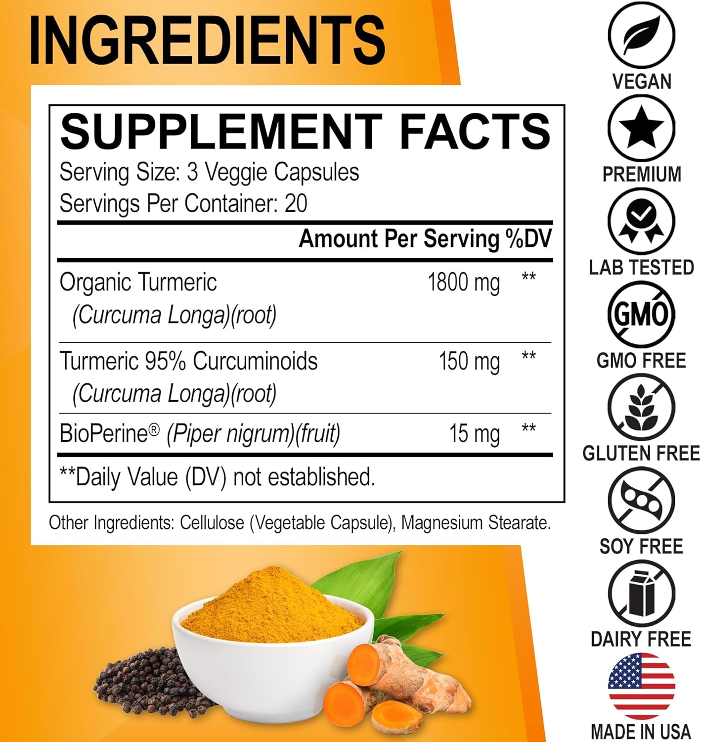 Turmeric Curcumin with Bioperine Supplement Capsules - Support Supplements with 1950Mg Curcuma Longa Pure Organic Tumeric and Curcumin Bioperine Black Pepper - 60 Turmeric Pills TLBH