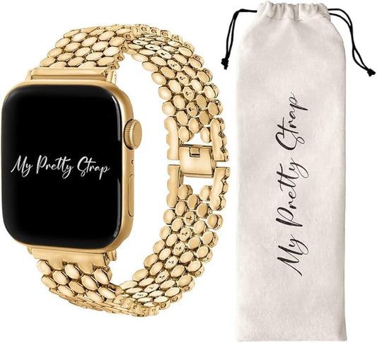 Gold Apple Watch Band & Glossy XOXO Protective Case Bundle – Elegant Stainless Steel Strap & Luxury Metal Cover for Apple Watch Series 1-10, SE & Ultra (38MM/40MM/41MM)