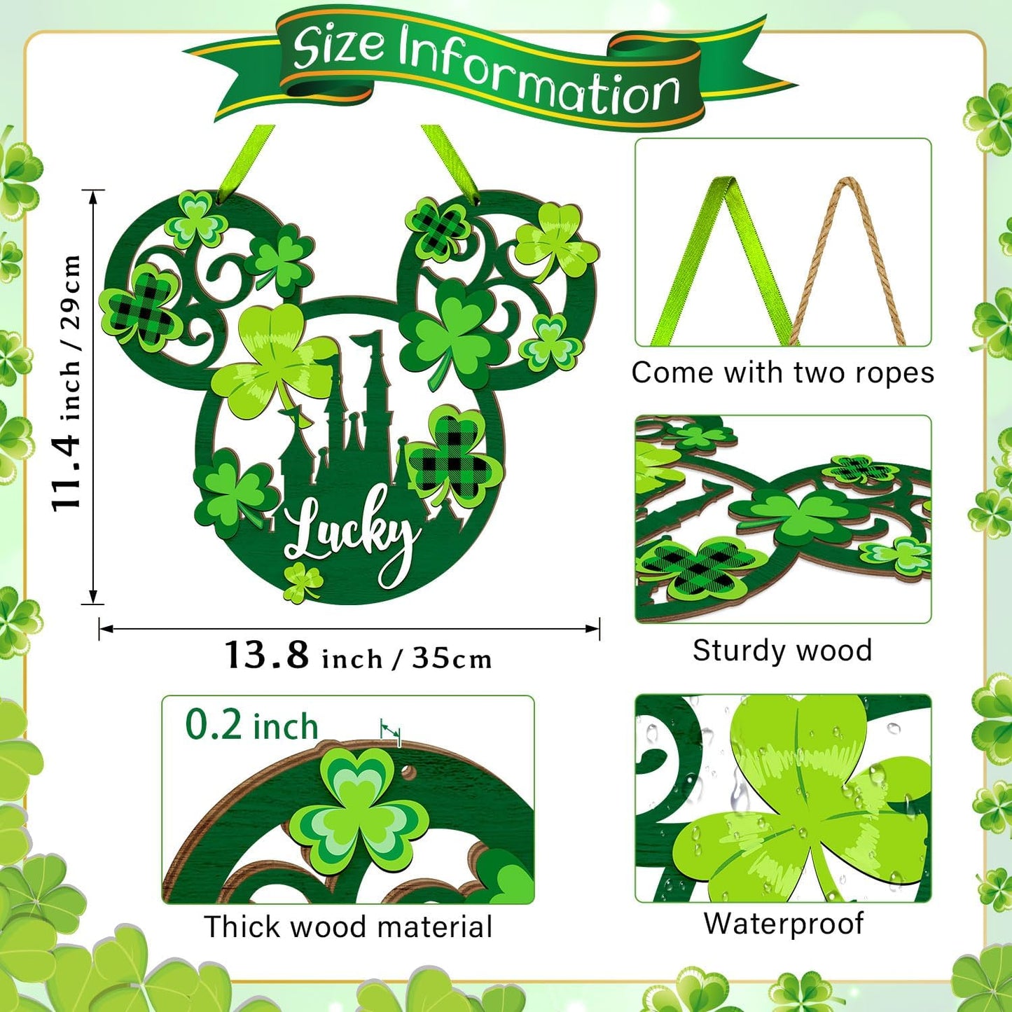 St. Patrick'S Day Door Sign Mouse Shaped, Shamrock Wooden Hanging Sign Lucky Irish Welcome Wood Wreath Hanging Sign with Rope for Happy St. Patrick'S Day Party Front Door Wall Home Decorations Green