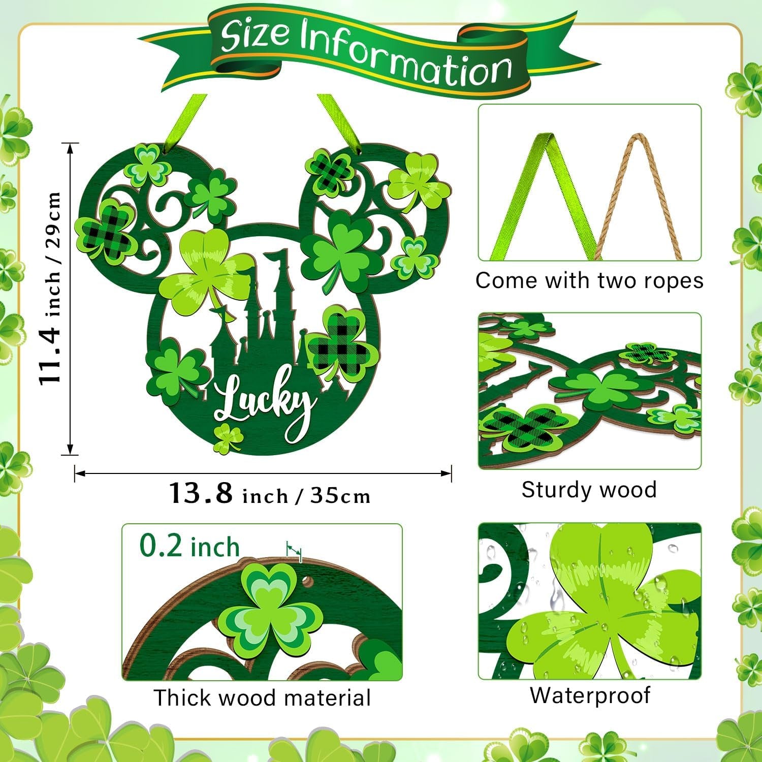 St. Patrick'S Day Door Sign Mouse Shaped, Shamrock Wooden Hanging Sign Lucky Irish Welcome Wood Wreath Hanging Sign with Rope for Happy St. Patrick'S Day Party Front Door Wall Home Decorations Green