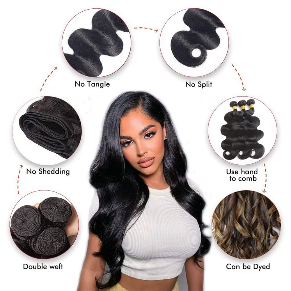 26 28 30 Inch Human Hair Bundles Body Wave 3 Bundles 100% Unprocessed Brazilian Hair Weave Bundles Body Wave Human Hair Bundles Natural Black Color 300G