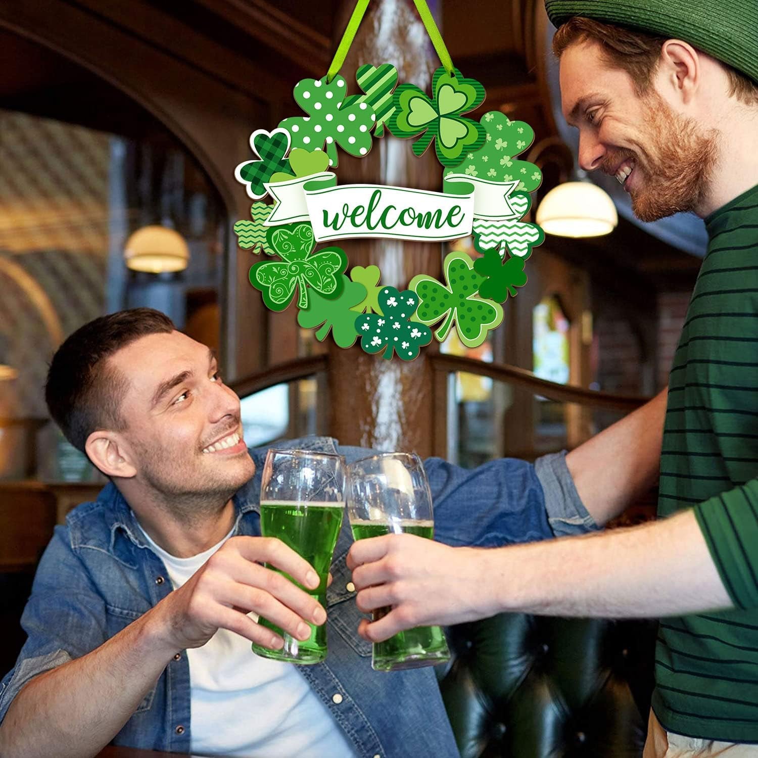 St. Patrick'S Day Shamrock Door Sign, Shamrocks Welcome Wooden Hanging Sign Lucky Irish Ornament Wood Wreath for Happy St. Patrick'S Day Party Front Door Wall Home Decorations with Rope and Bow