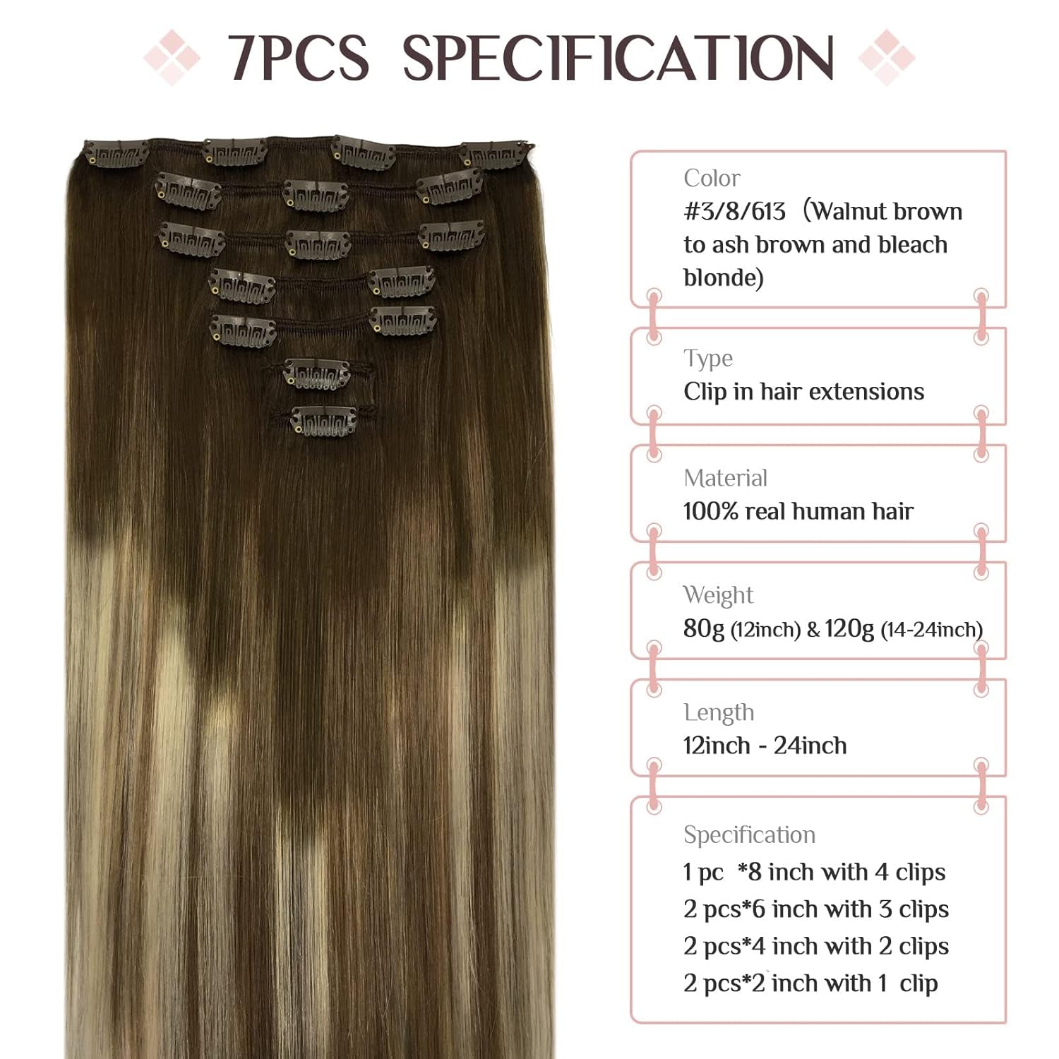 Clip in Hair Extensions Real Human Hair, 80G 7Pcs 12 Inch, Walnut Brown to Ash Brown and Bleach Blonde Hair Extensions, Clip in Human Hair Extensions Remy Natural Straight Hair for Woman