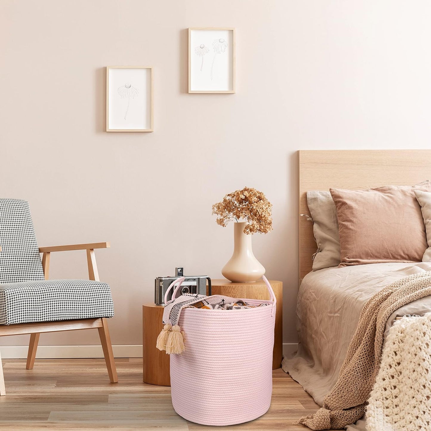 Cotton Rope Laundry Basket Hamper for Girls Kids Baby Nursery Hamper Bin Woven Storage Basket for Living Room Girls Room Boho Tall Rope Baskets for Blanket Toys Large Light Pink