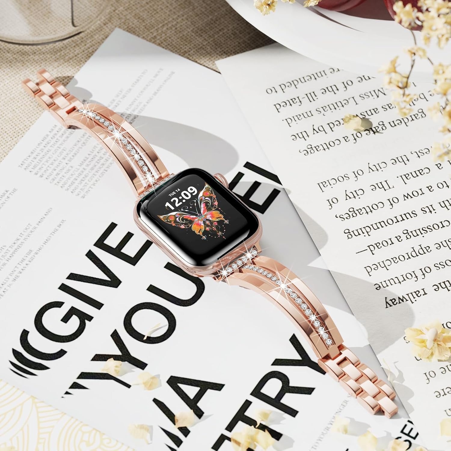 Compatible for Apple Watch Band 38Mm 40Mm 41Mm 42Mm 44Mm 45Mm 46Mm 49Mm Series 10 9 8 7 SE Ultra Women, Slim Metal Dressy Jewelry Bracelet with Bling Diamond for Iwatch Series 6/5/4/3/2/1