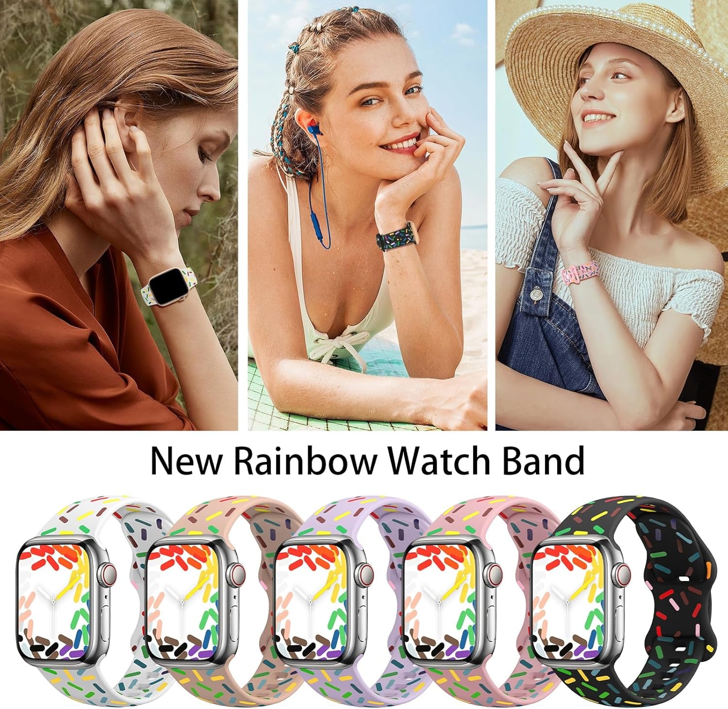 Rainbow Sport Band Compatible with Apple Watch Band 40Mm 41Mm 38Mm 42Mm 44Mm 45Mm 49Mm Women Men,Silicone Double-Sided Printed Wristbands Waterproof Strap for Iwatch Series Ultra SE 8 7 6 5 4 3 2