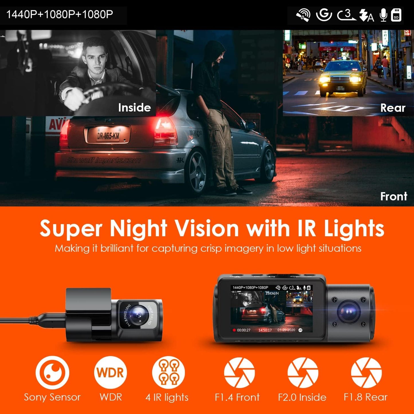 N4 3 Channel Dash Cam, 4K+1080P Front and Rear, 1440P+1440P Front and Inside, 1440P+1440P+1080P Three Way Triple Car Camera, IR Night Vision, 24 Hours Parking Mode, Support 256GB Max