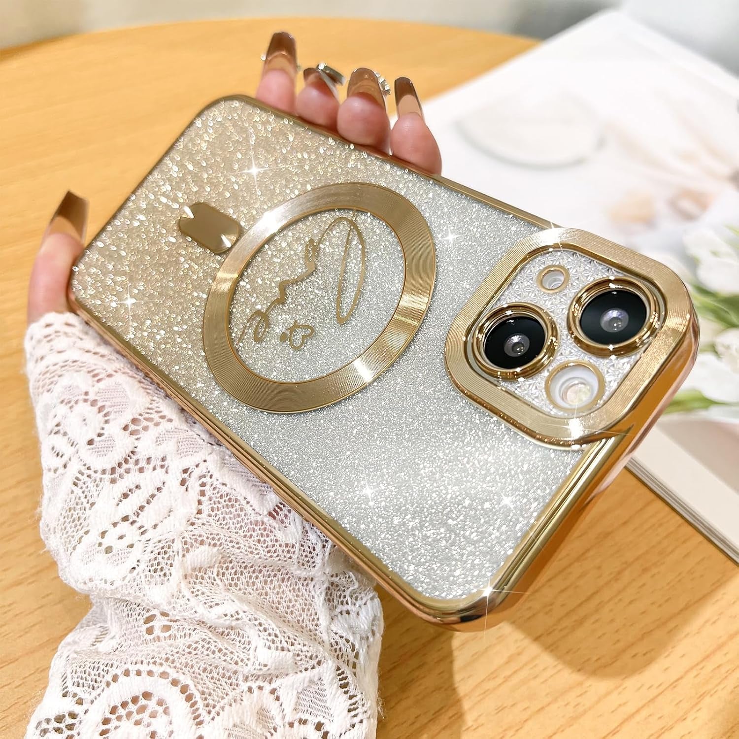 Compatible with Iphone 13 Case,Compatible with Magsafe Love Heart Plating Camera Protection Clear Phone Case, Magnetic Glitter for Women Girls Shockproof Back Bumper 6.1"-Gold