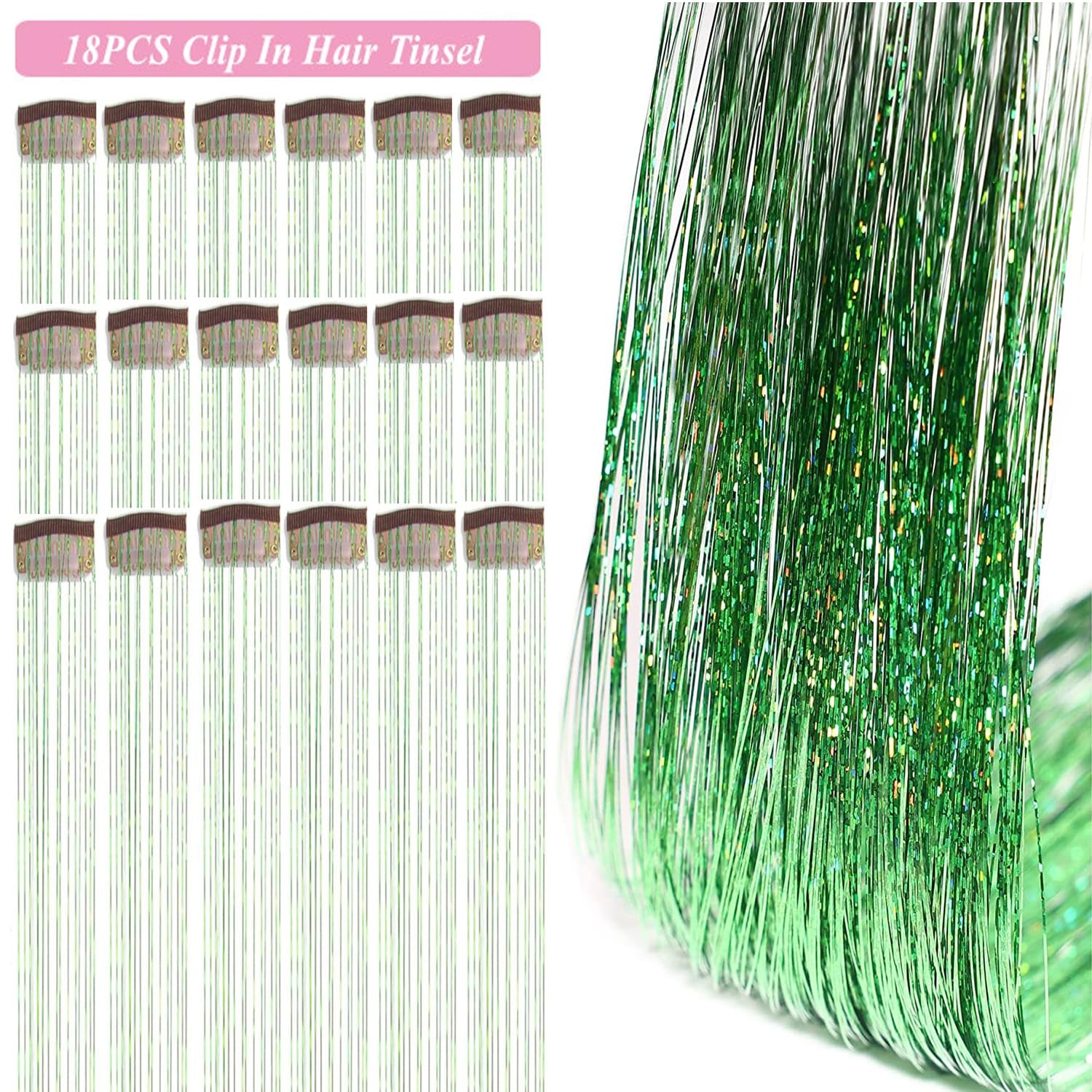 Hair Tinsel Kit Pack of 18 Pcs Hair Tinsel Clip in 19.6Inch Glitter Tinsel Hair Extensions Heat Resistant Clip in Hair Tinsel Sparkle Fairy Hair Accessories for Kids Girls Women (Green)