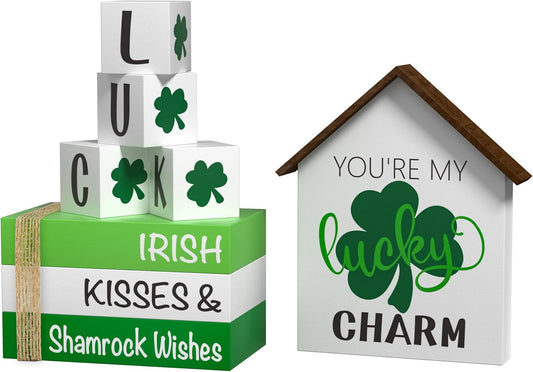 St. Patrick'S Day Decorations Shamrock Decor Faux Books, 8 Pcs St. Patricks Day Tiered Tray Decor Book Stack Lucky Wooden Signs, Farmhouse Rustic Wooden Decor for Home Kitchen Table