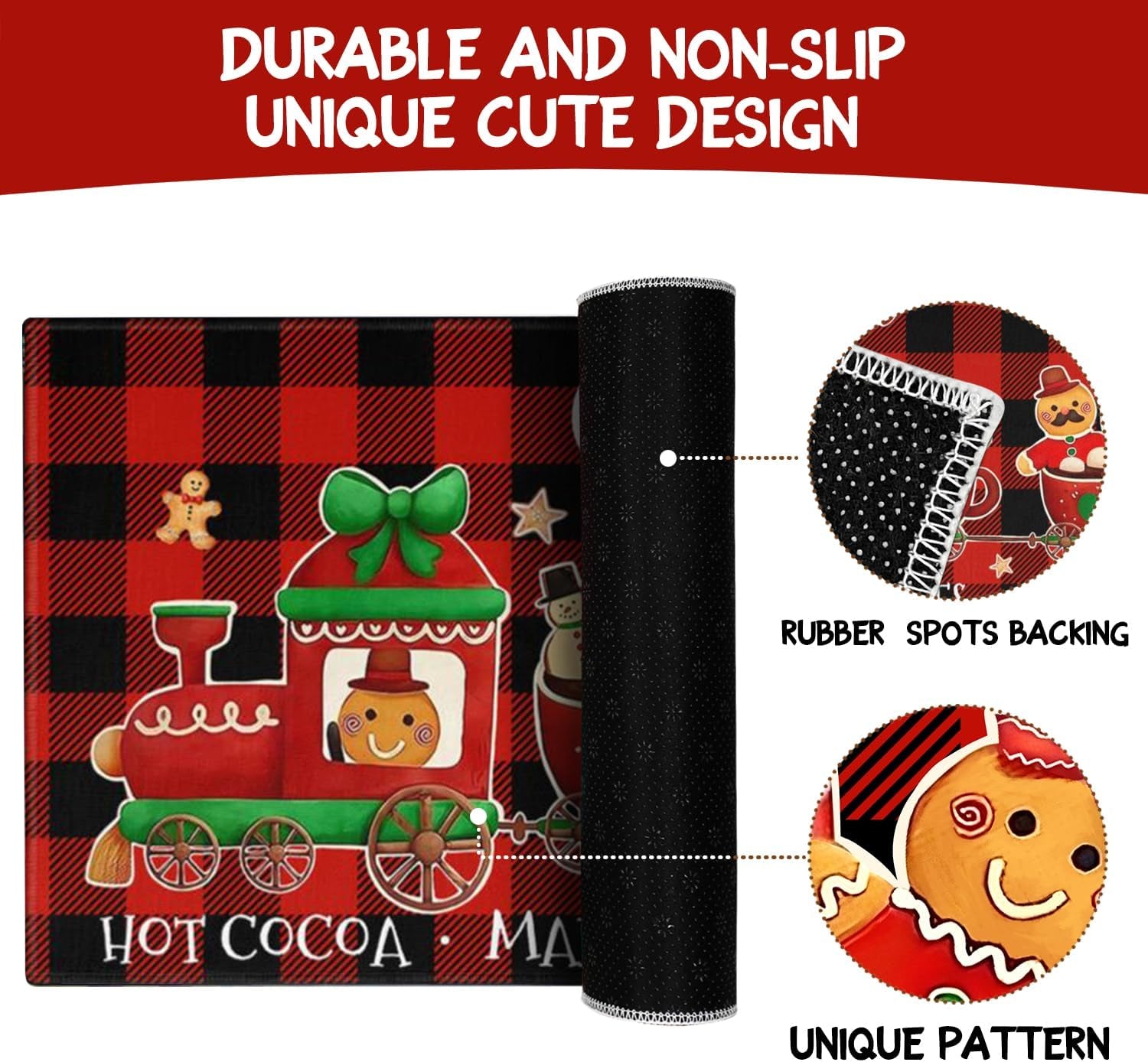 Merry Christmas Kitchen Rugs and Mats Set of 2,Buffalo Plaid Gingerbread Hot Cocoa Xmas Winter Holiday Sink Floor Mat Non Skid Washable for Home Farmhouse Christmas Decor 17"X47"+17"X30"