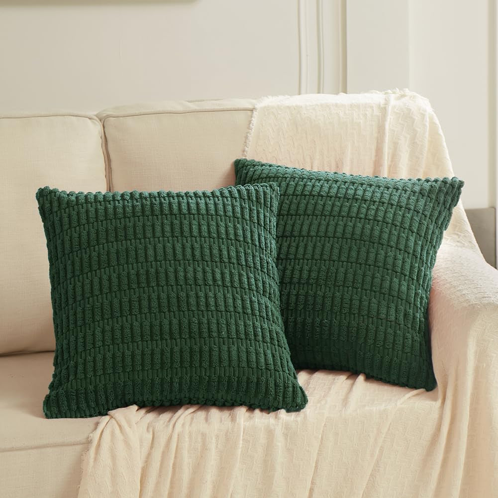 Set of 4 Dark Green Boho Decorative Throw Pillow Covers 18X18 Inch for Couch Bed Sofa, Aesthetic Modern Bohemian Room Decor, Soft Fuzzy Fluffy Cozy Corduroy Textured Cushion Case 45X45Cm