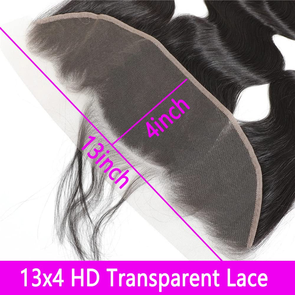 13X4 HD Lace Frontal Closures Body Wave Human Hair with Baby Hair Ear to Ear Transparent Lace Frontal Closure Human Hair 130% Density Brazilian Virgin Human Hair Pre Plucked Hairline