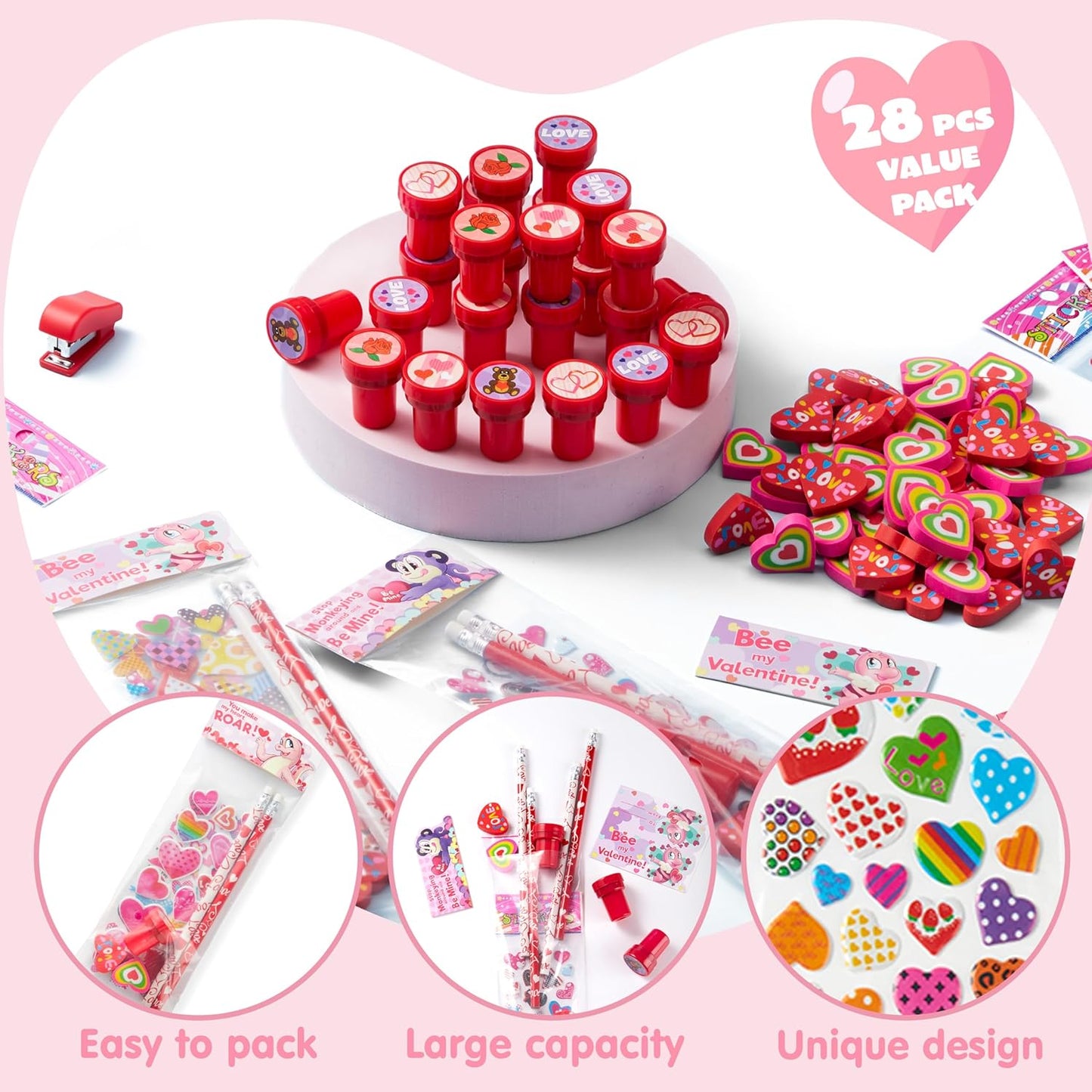 28 Pack Valentines Day Stationery Kids Gift Set for School Classmates Exchange, Party Favor, Includes Pencils, Erasers, Stamper, Stickers