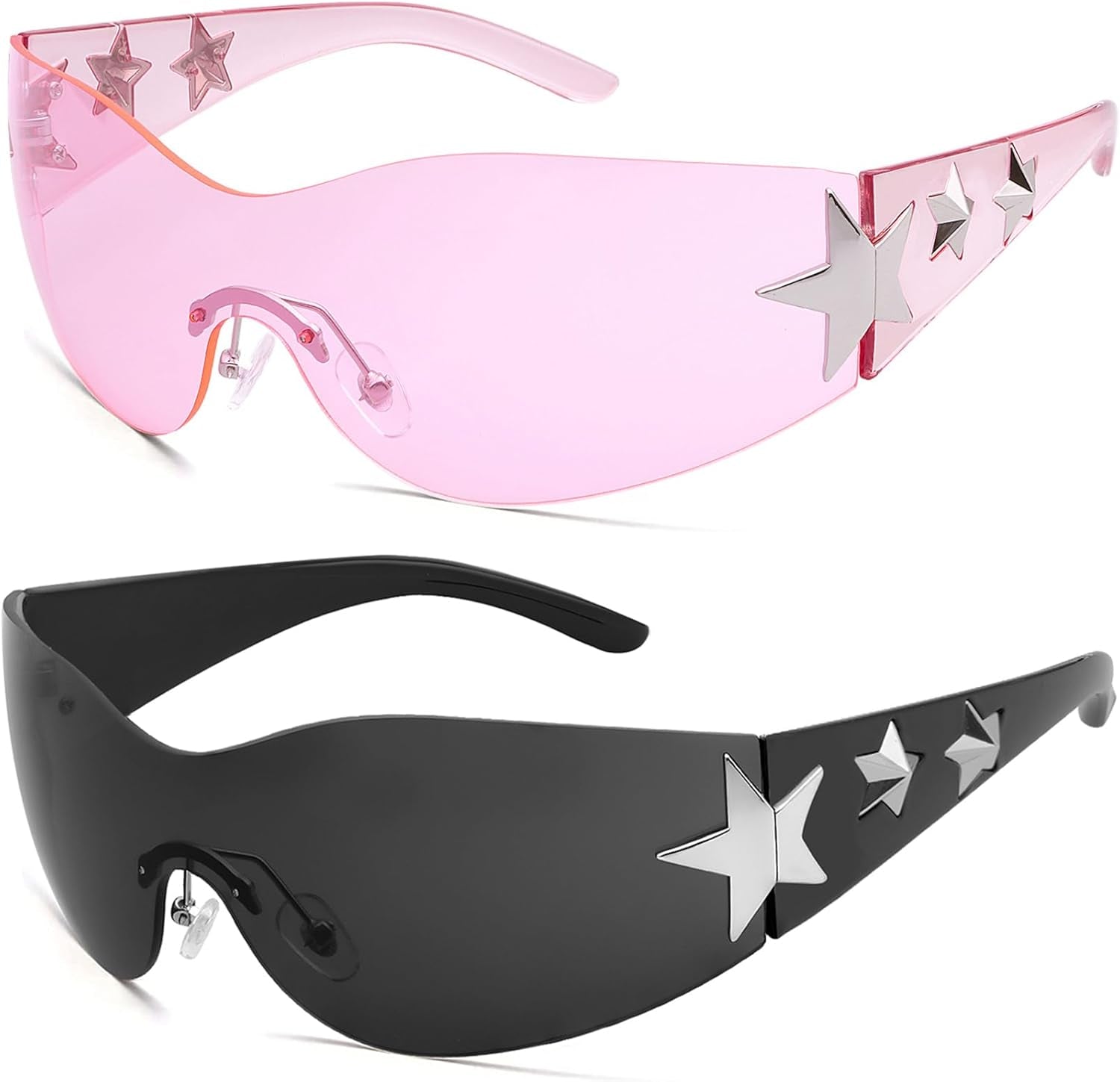 Rimless Y2K Sunglasses Star Wrap around Glasses 2000S Accessories for Women Men Trendy Fashion Cool Shield Shades