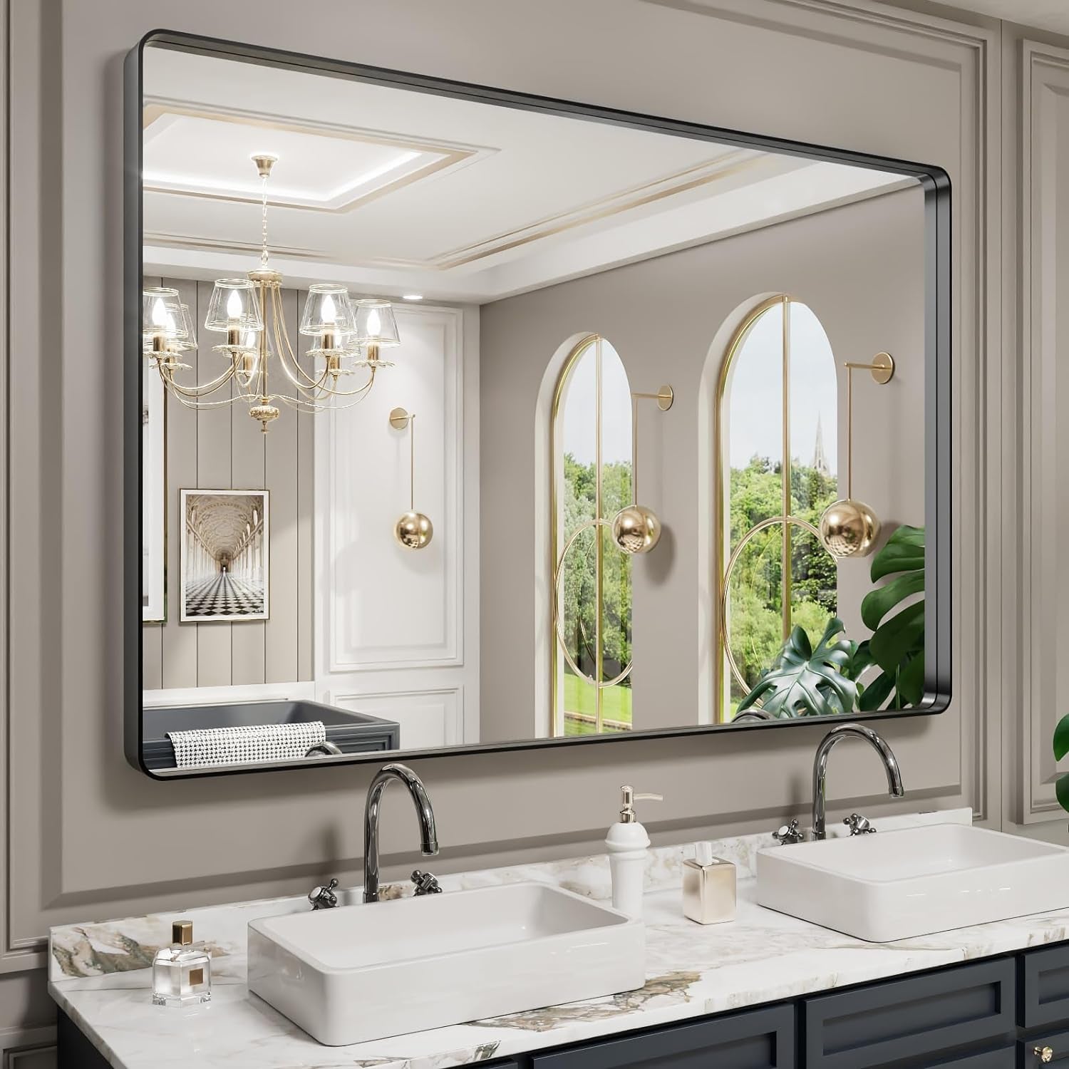 50X30 Inch Black Metal Framed Bathroom Mirror for Wall, Matte Black Bathroom Vanity Mirror Farmhouse, Large Rounded Rectangle Mirror, Anti-Rust, Tempered Glass, Hangs Horizontally or Vertically