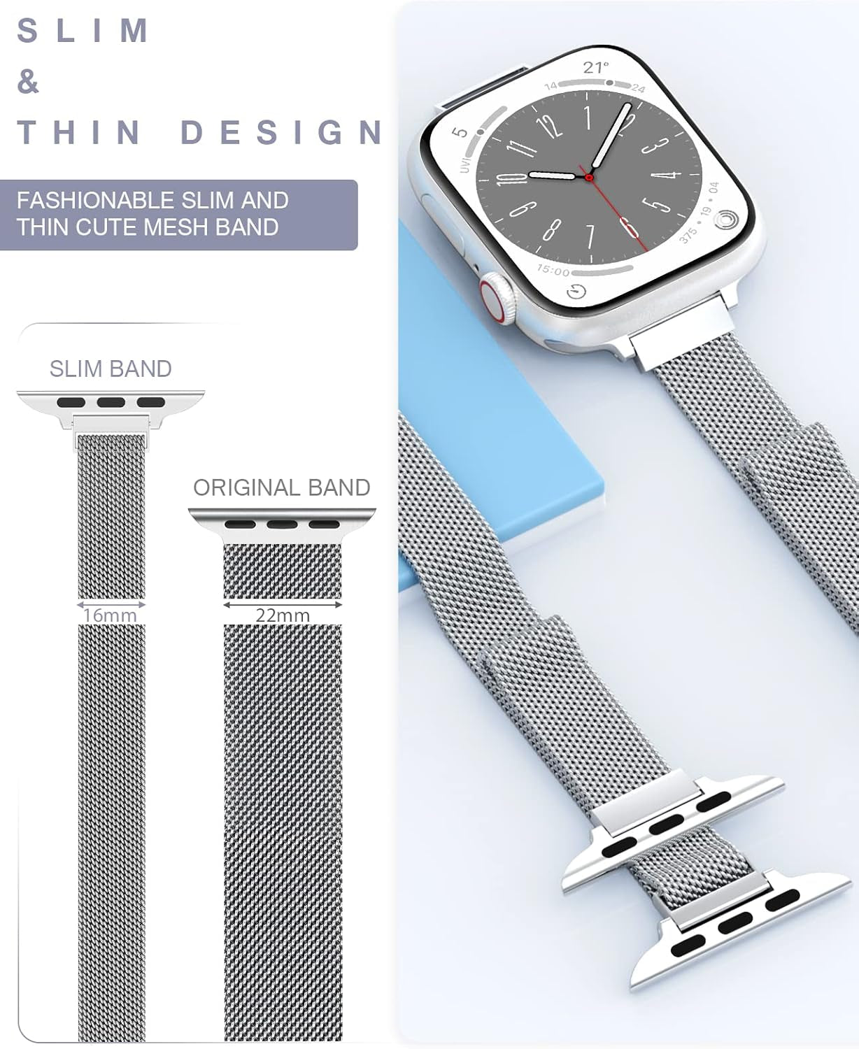 Slim Watch Band Compatible with Apple Watch Band 38Mm 40Mm 41Mm 42Mm 44Mm 45Mm 49Mm Women & Men, Stainless Steel Mesh Loop Magnetic Clasp Replacement for Iwatch Bands Series 9,Ultra 2, SE,