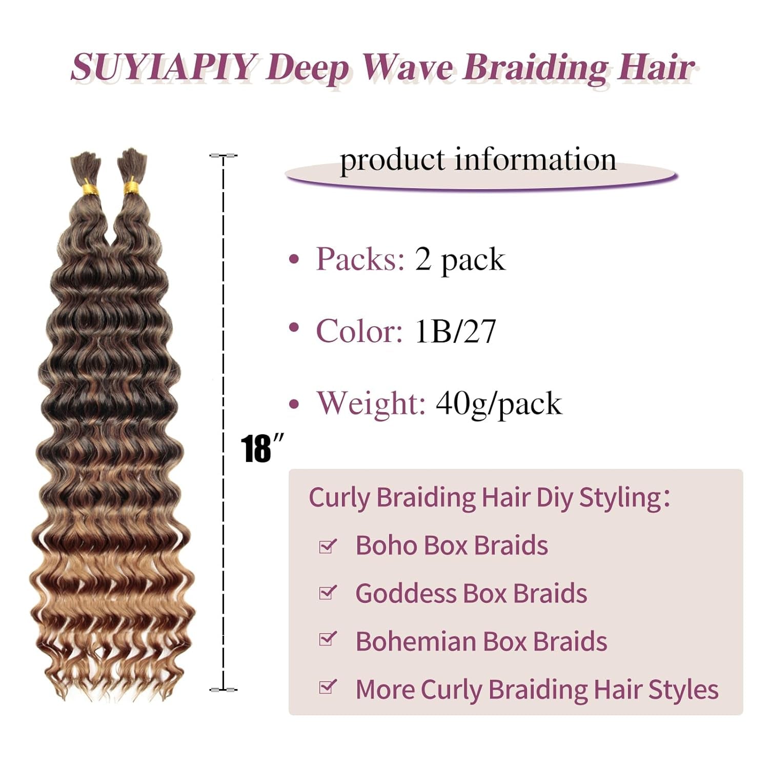 Curly Braiding Hair Deep Water Wave Braiding Hair Boho Hair for Braiding No Weft 100G Wet and Wavy Braiding Hair Extensions for Black Women(1B/27#, 18 Inch)