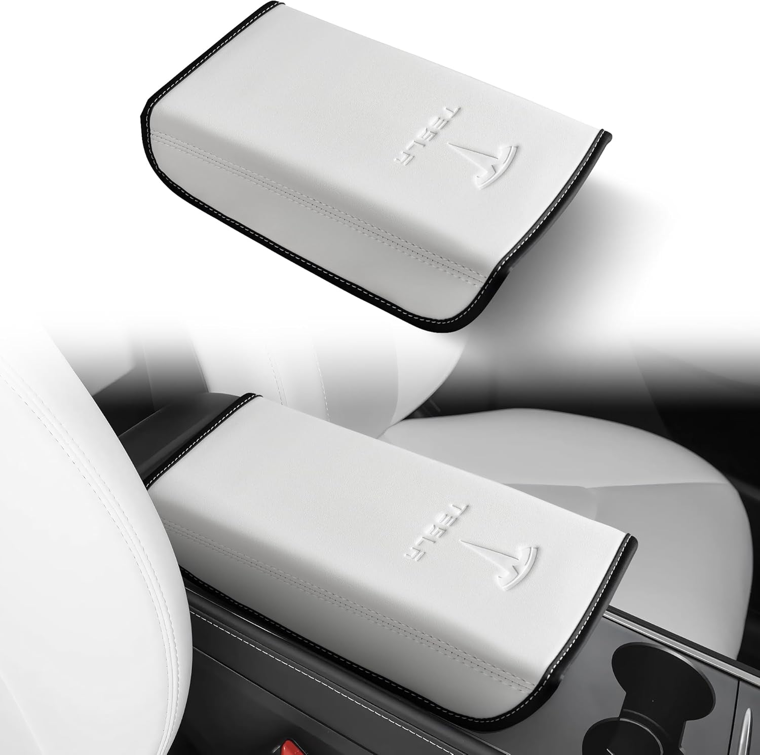 Armrest Cover Designed for Tesla Model 3/Y 2017-2023 2024,Leather Center Console Cover for Tesla Model 3/Y Interior Accessories White