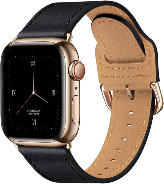 Leather Bands Compatible with Apple Watch Band 38Mm 40Mm 41Mm,Genuine Leather Strap Compatible for Women Men Iwatch SE Ultra Series 9 8 7 6 5 4 3 2 1(Black/Plating Gold)