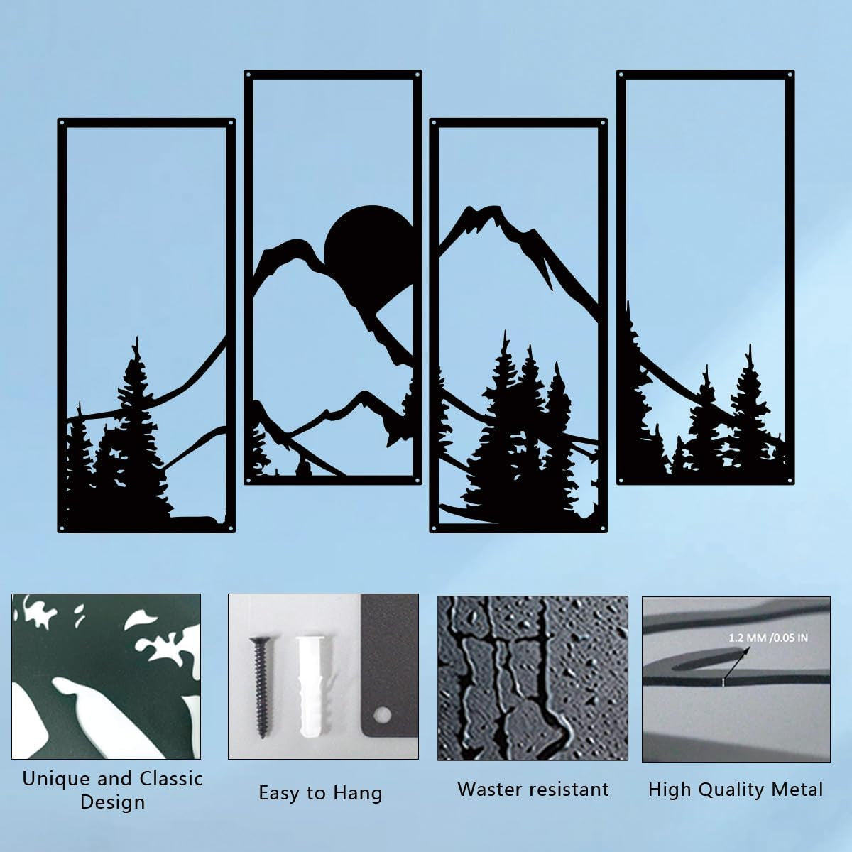 Metal Sunset Mountain Forest Wall Decor Set of 4, Minimalist Line Drawing Large Mountains Wall Art Home Decor for Living Room Bedroom Office…