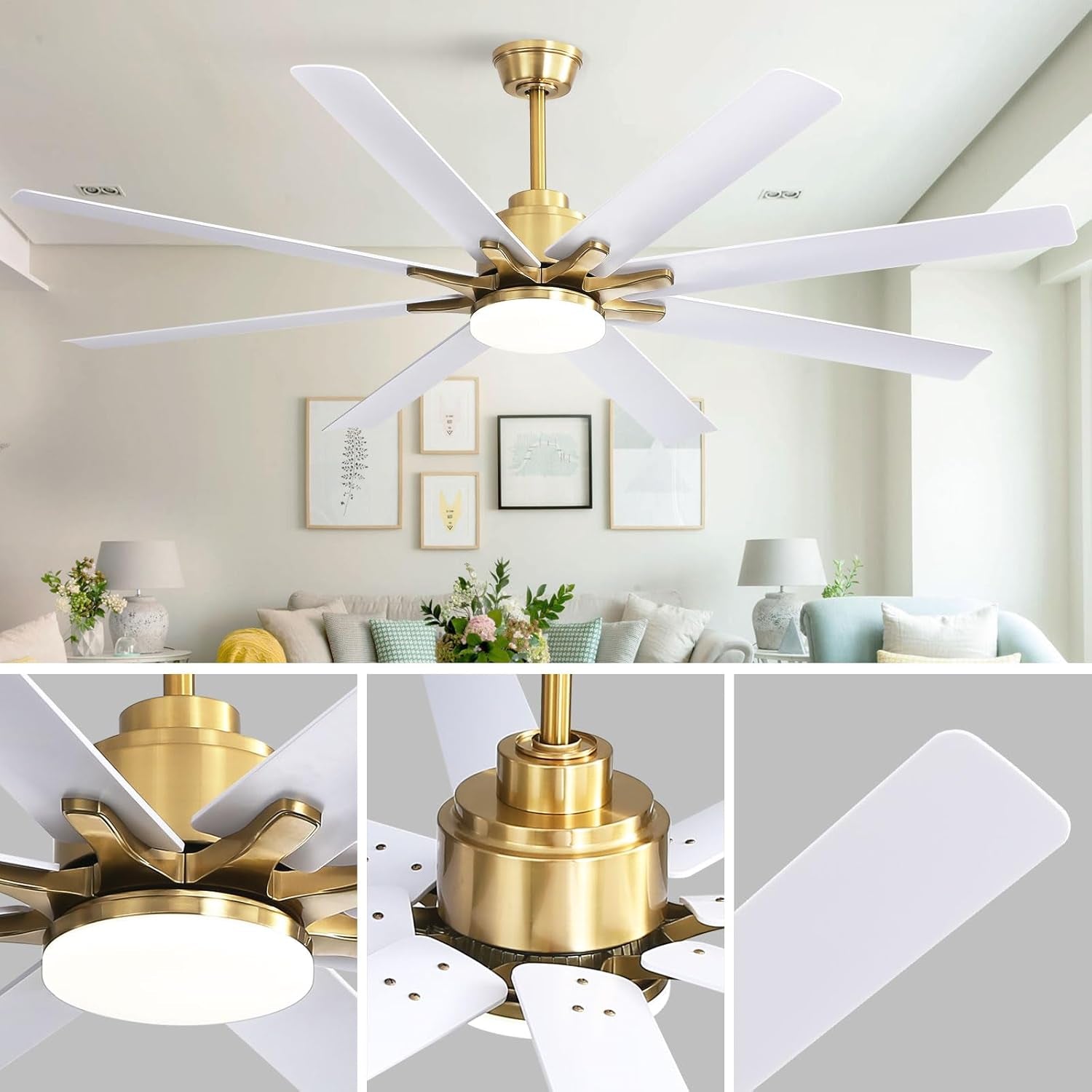 66 Inch Ceiling Fans with Lights and Remote, Indoor Outdoor Mordern Smart Ceiling Fan with Reversible Quiet DC Motor, 6 Speed, 8 Blades for Bedroom Living Room Patios Balcony (White+Gold)