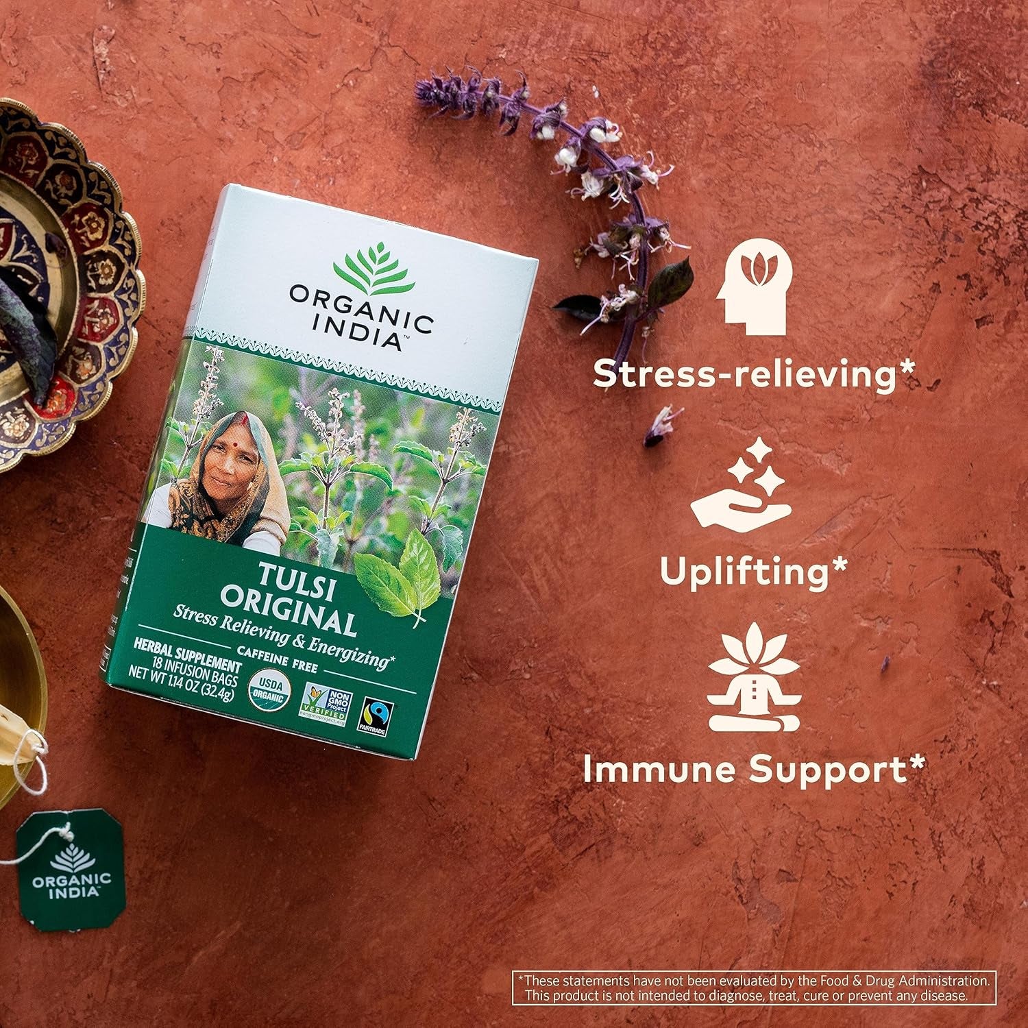 Tulsi Original Herbal Tea - Holy Basil and African Basil Calming and Stress Relief Tea, Immune Support, USDA Certified Organic, Non-Gmo, Caffeine-Free - 18 Infusion Bags, 6 Pack TLBH