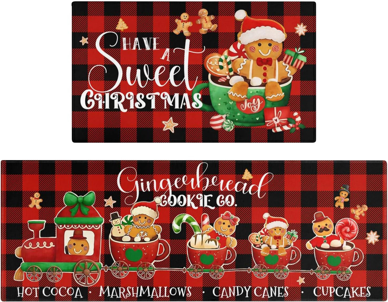 Merry Christmas Kitchen Rugs and Mats Set of 2,Buffalo Plaid Gingerbread Hot Cocoa Xmas Winter Holiday Sink Floor Mat Non Skid Washable for Home Farmhouse Christmas Decor 17"X47"+17"X30"