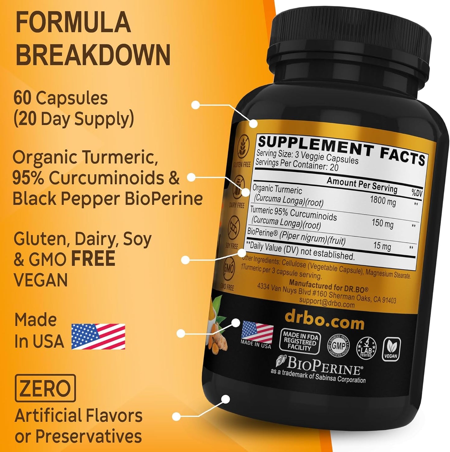 Turmeric Curcumin with Bioperine Supplement Capsules - Support Supplements with 1950Mg Curcuma Longa Pure Organic Tumeric and Curcumin Bioperine Black Pepper - 60 Turmeric Pills TLBH