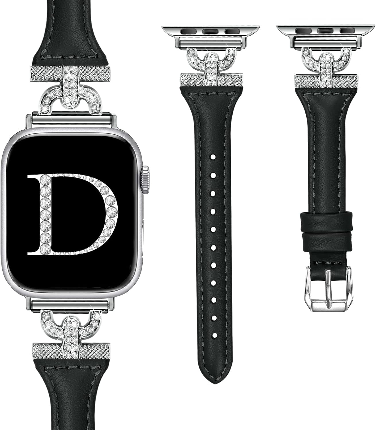 Slim Leather Bands Compatible with Apple Watch Band for Women 40Mm 41Mm 38Mm 44Mm 45Mm 49Mm 42Mm 46Mm, D-Shape Diamonds for Iwatch Women Bands Series 10 9 8 SE 7 6 5 Ultra 4 3 2 1