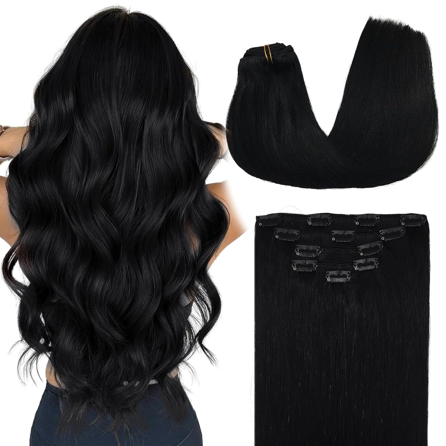 Hair Extensions Clip in Real Human Hair  Remy Clip in Hair Extensions Real Human Hair Long Straight Hair Extensions Natural Hair for Woman (#1 Jet Black, 16)