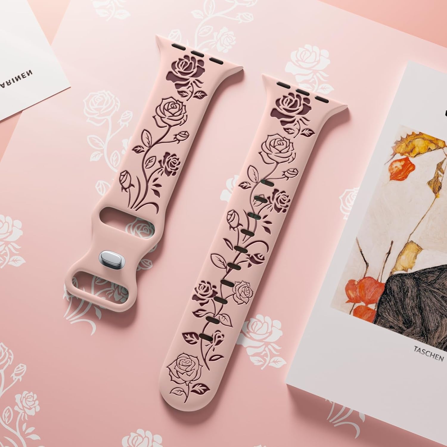 Floral Engraved Band Compatible with Apple Watch Bands 40Mm 41Mm 38Mm 44Mm 45Mm 42Mm 49Mm Women, Cute Two Tone Flower Soft Silicone Sport Strap for Iwatch Series 9 8 7 6 5 4 3 2 1 SE Ultra 2