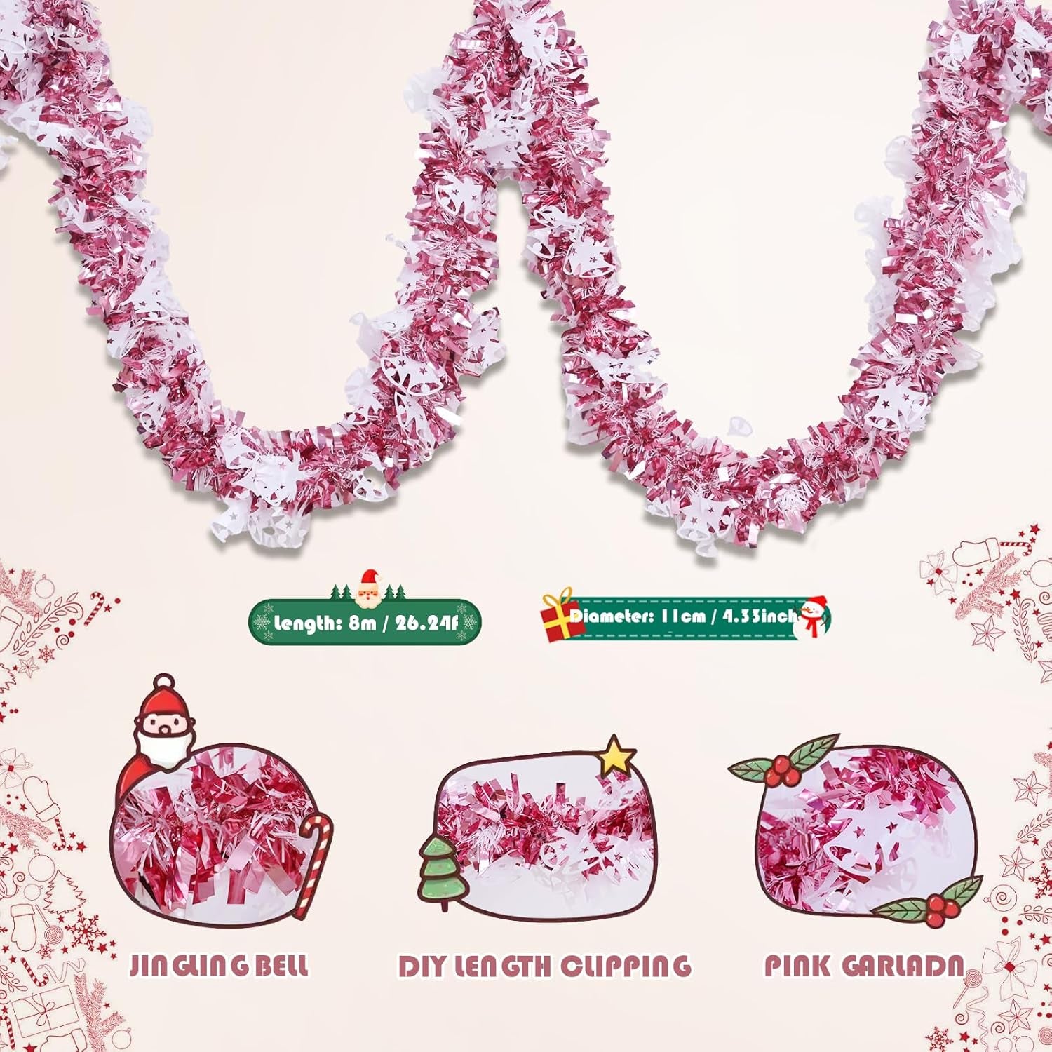Mega-L Christmas Tinsel Garland Decorations, 26.25Ft Pink and White Jingling Bell Glittery Hanging Pink Xmas Decor for Holiday New Year Birthday Party Supplies Home Tree Mantel Women Indoor Outdoor