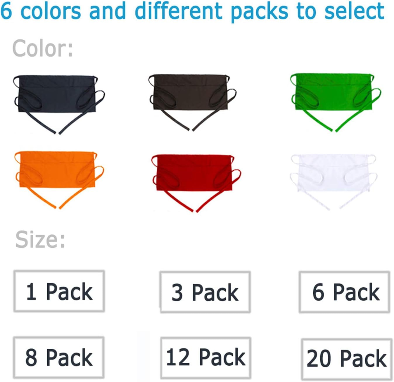 Waist Apron with 3 Pockets - Black Waitress Waiter Server Short Aprons