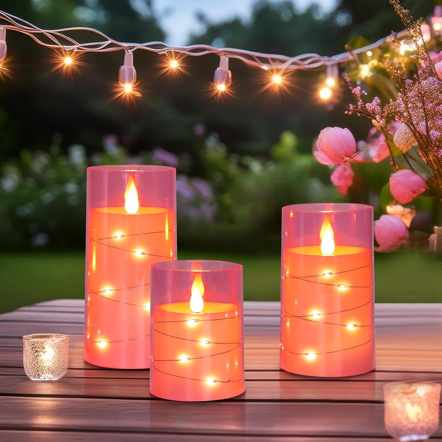 Flickering Flameless Candles Battery Operated Candles LED Candles with Remote Timer for Home/Wedding/Birthday/Holiday Decor, Cherry Blossom Pink 3D Flame Set of 3 (D3 Xh4 5" 6")