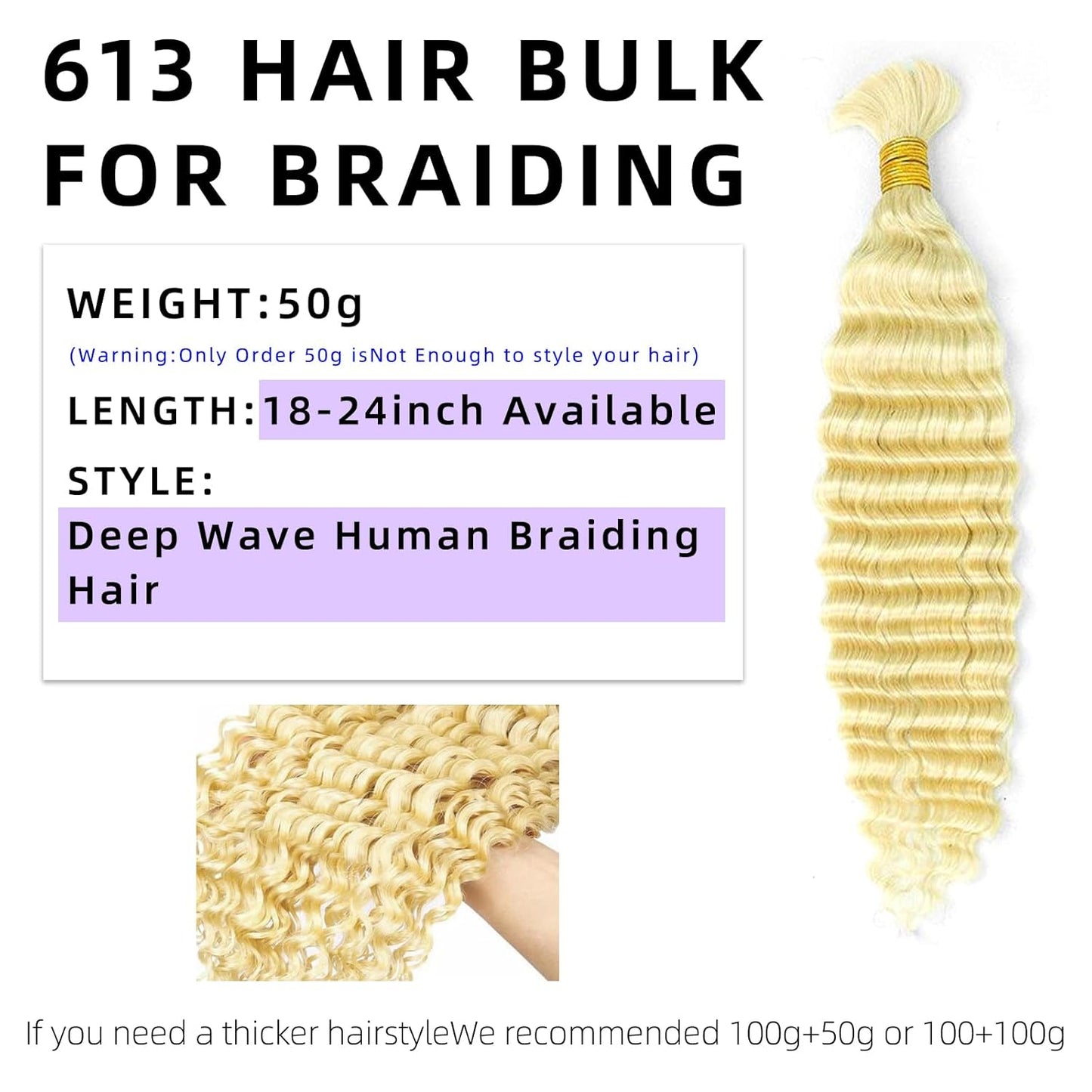Langer 613 Blonde Human Braiding Hair Deep Wave Bulk Human Hair for Braiding No Weft Bundle 150G 3 Bundles/Pack 16A Brazilian Virgin Water Curly Human Hair Extensions for Braids Human Hair 18 Inch