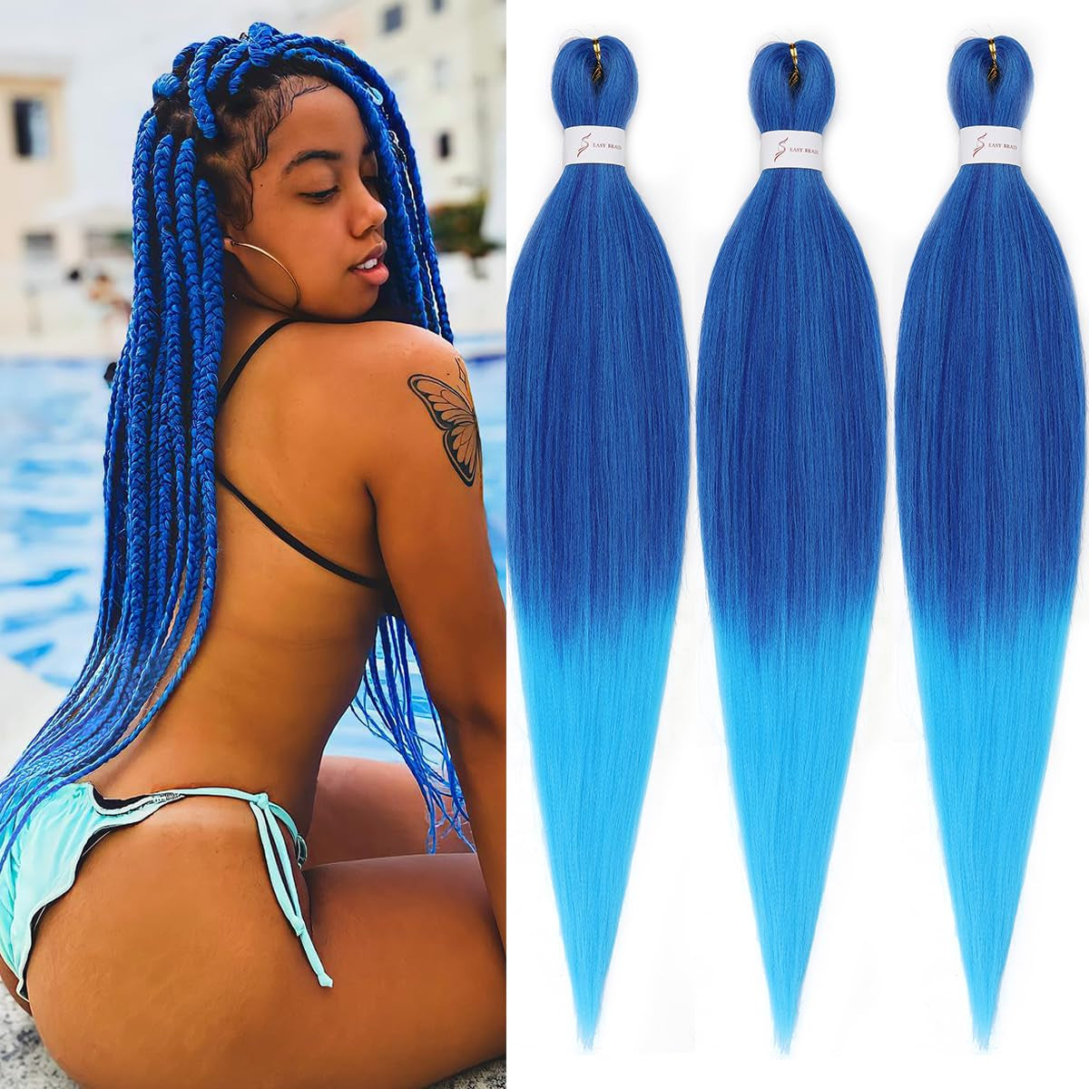 Pre Stretched Braiding Hair 32 Inch Blue Braiding Hair Extensions Yaki Braids Hair Hot Water Setting Synthetic Braiding Hair Pre Stretched Crochet Hair(32Inch,3 Packs,Dark Blue/Light Blue#)