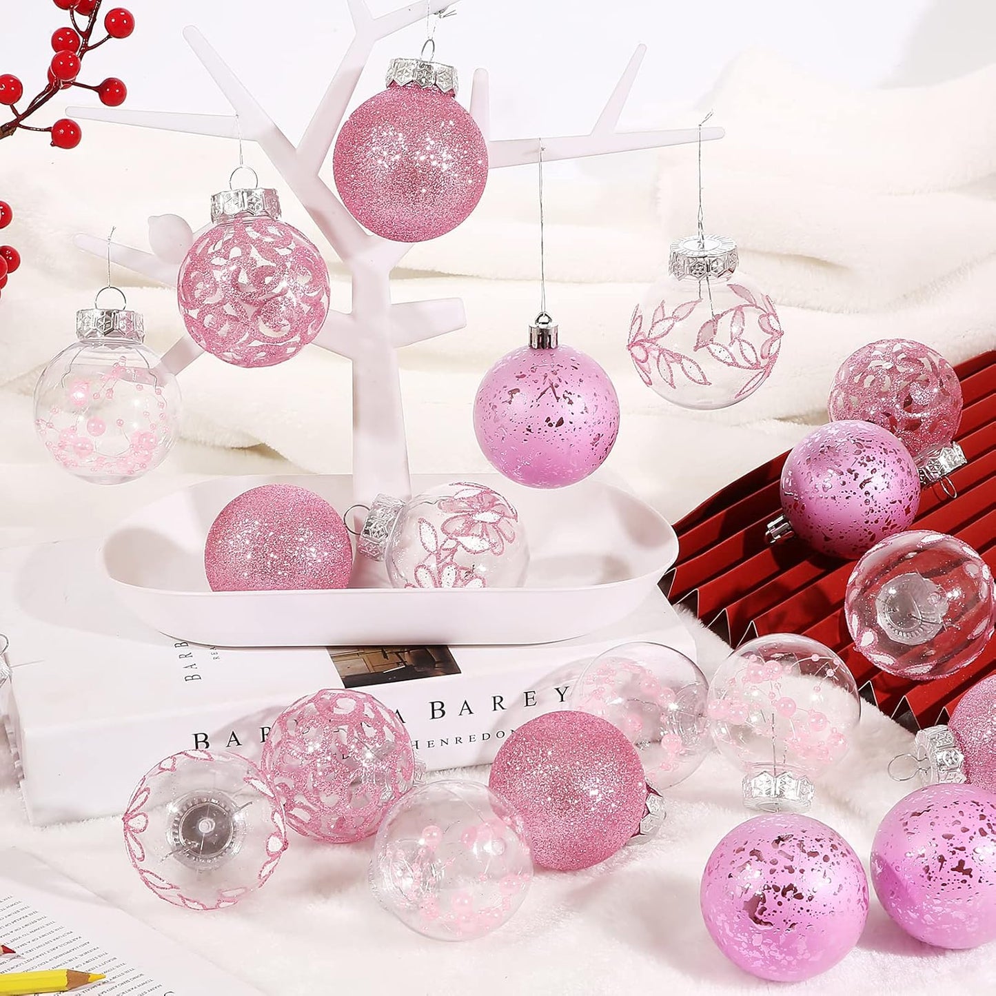 Clear Christmas Ornaments Set, 30Ct 2.36Inch Pink Clear Xmas Baubles for Christmas Tree Ornaments and Decorations Shatterproof Christmas Hanging Balls with Stuffed Decoration for Xmas Wedding Party