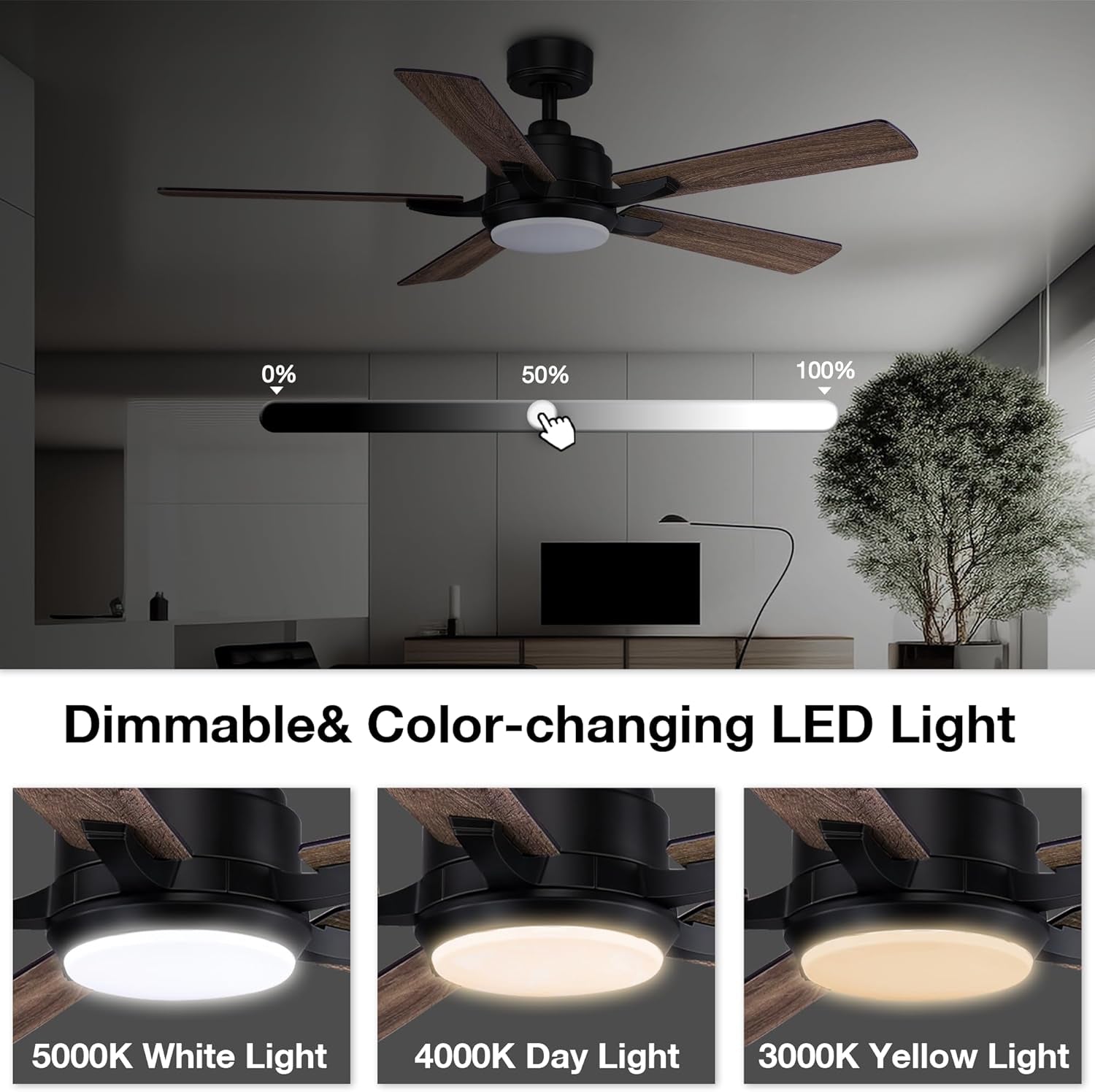 52” Smart Ceiling Fanswith Lights Remote Control,Quiet DC Motor,Outdoor Indoor Modern Farmhouse Ceiling Fan Work with Alexa App,Dimmable LED Light,Black/Brown for Bedroom Living Room Patio