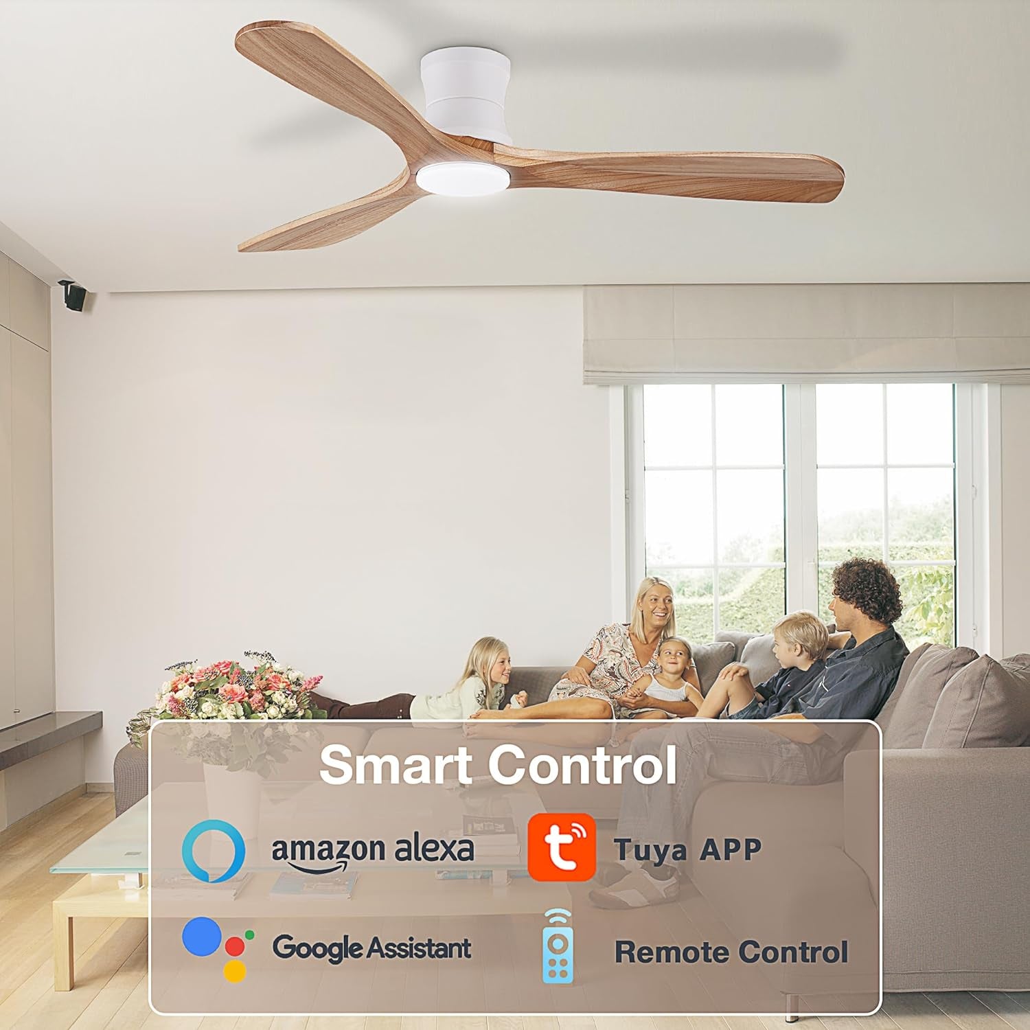 Smart 52” Wood Flush Mount Ceiling Fans with Lights and Remote,Quiet DC Motor,Outdoor Indoor Ultra Low Profile Ceiling Fan Works with Alexa WIFI App,Modern White Ceiling Fan for Bedroom Patio