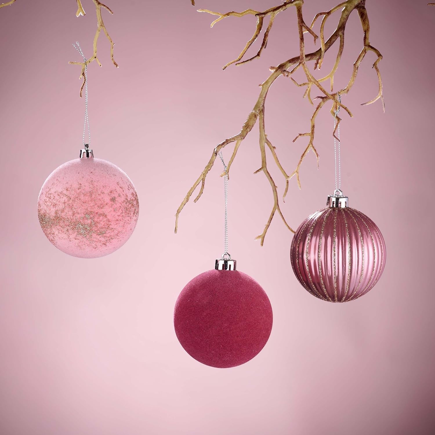 Christmas Ornaments, 9Ct 80Mm Large Pink Gold Christmas Tree Decorations, Shatterproof Decorative Velvet Ball Ornaments for Christmas Tree, Valentines Day Decor