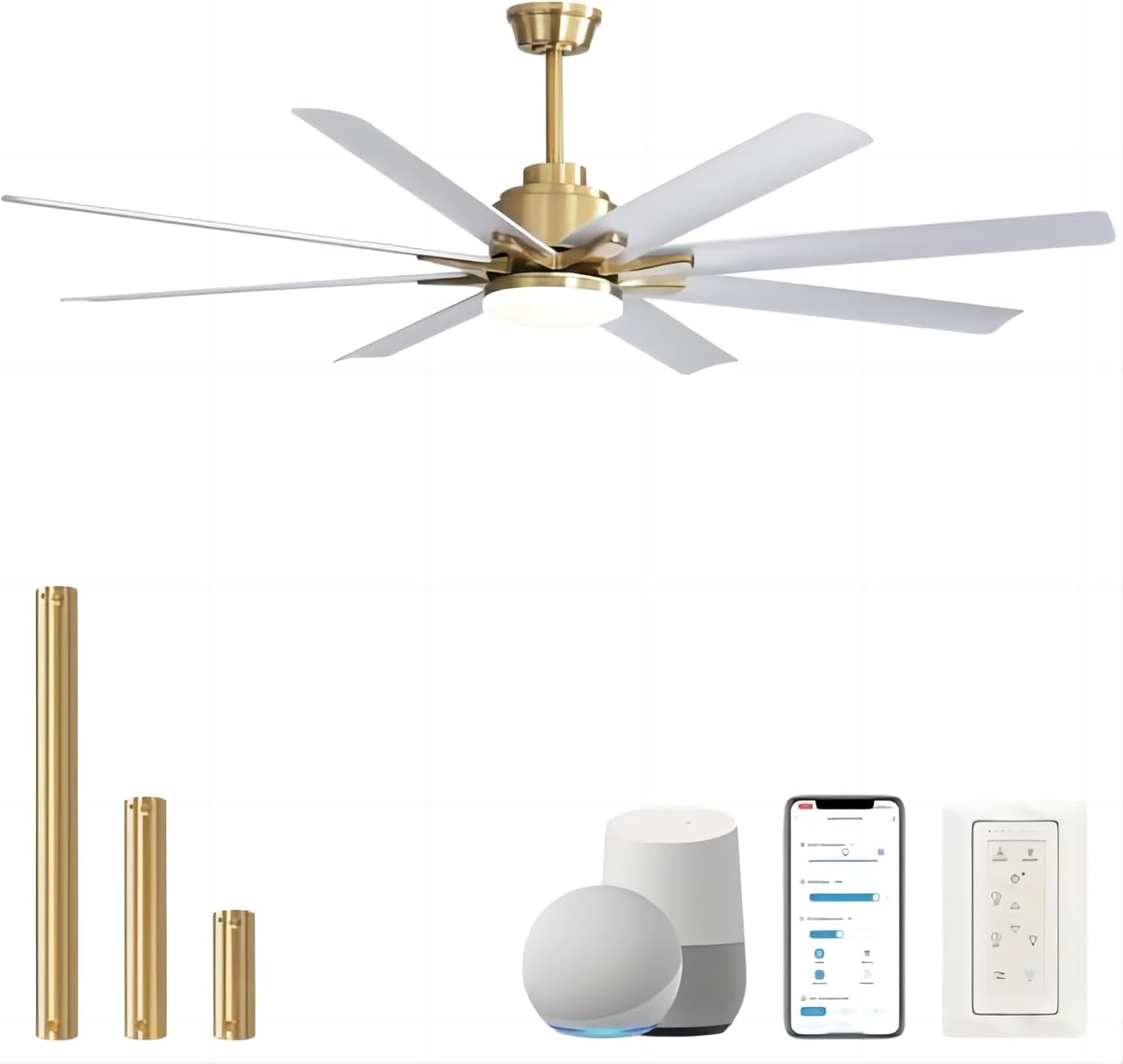 66 Inch Ceiling Fans with Lights and Remote, Indoor Outdoor Mordern Smart Ceiling Fan with Reversible Quiet DC Motor, 6 Speed, 8 Blades for Bedroom Living Room Patios Balcony (White+Gold)
